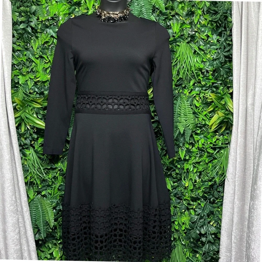 Lela Rose Dress Size 16 Black Lace Cutout Waist Hem Long Sleeve A-Line Midi 3770